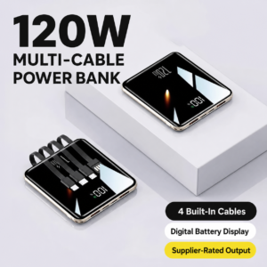 Black 120W multi-cable power bank with four built-in charging leads and digital battery display