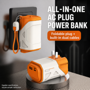 10,000mAh AC Plug Power Bank with Built-In Dual Cables