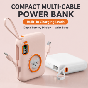 Compact multi-cable power bank with built-in charging leads
