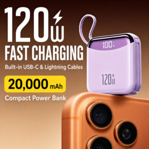 Purple 120W compact power bank with built-in USB-C and Lightning cables