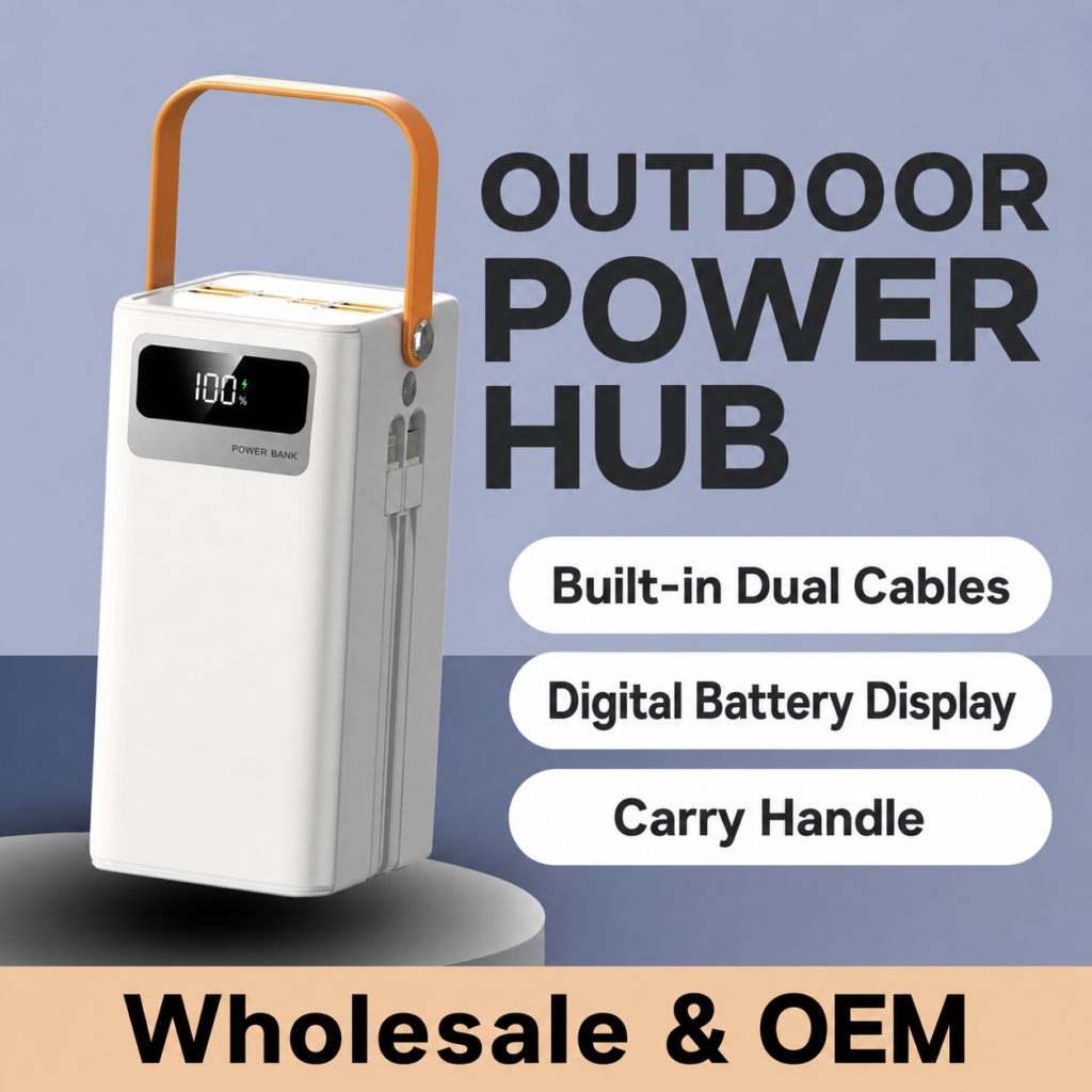 Outdoor multi-cable power bank with orange carry handle and digital display