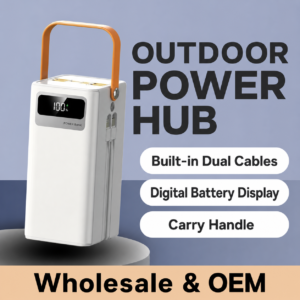 Outdoor multi-cable power bank with orange carry handle and digital display