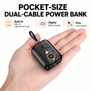 Pocket-size black dual-cable power bank with digital display held in one hand