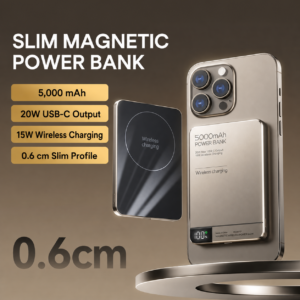 Gold slim magnetic wireless power bank with 5000mAh capacity and digital display