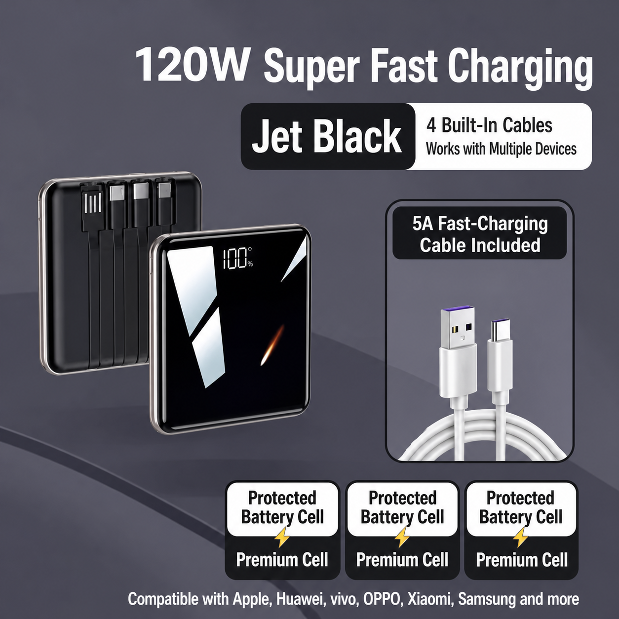 Jet Black power bank with four built-in cables