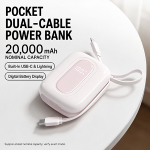 20,000mAh Pocket Dual-Cable Power Bank with Digital Display