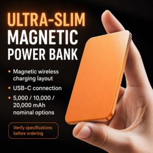 Ultra-slim magnetic wireless power bank in Stellar Orange